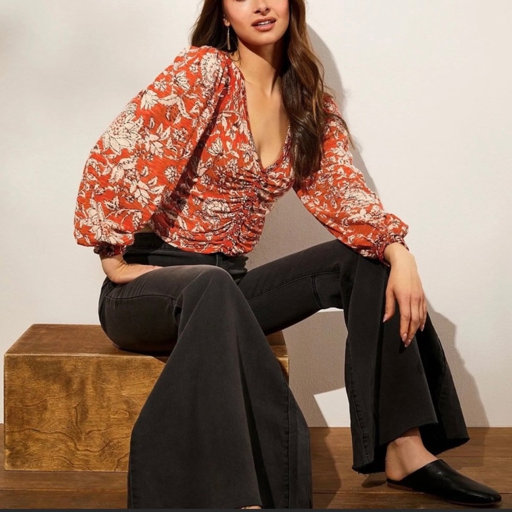 Free People Say The Word Floral Print Ruby Red Ruched Top Size Small NWT